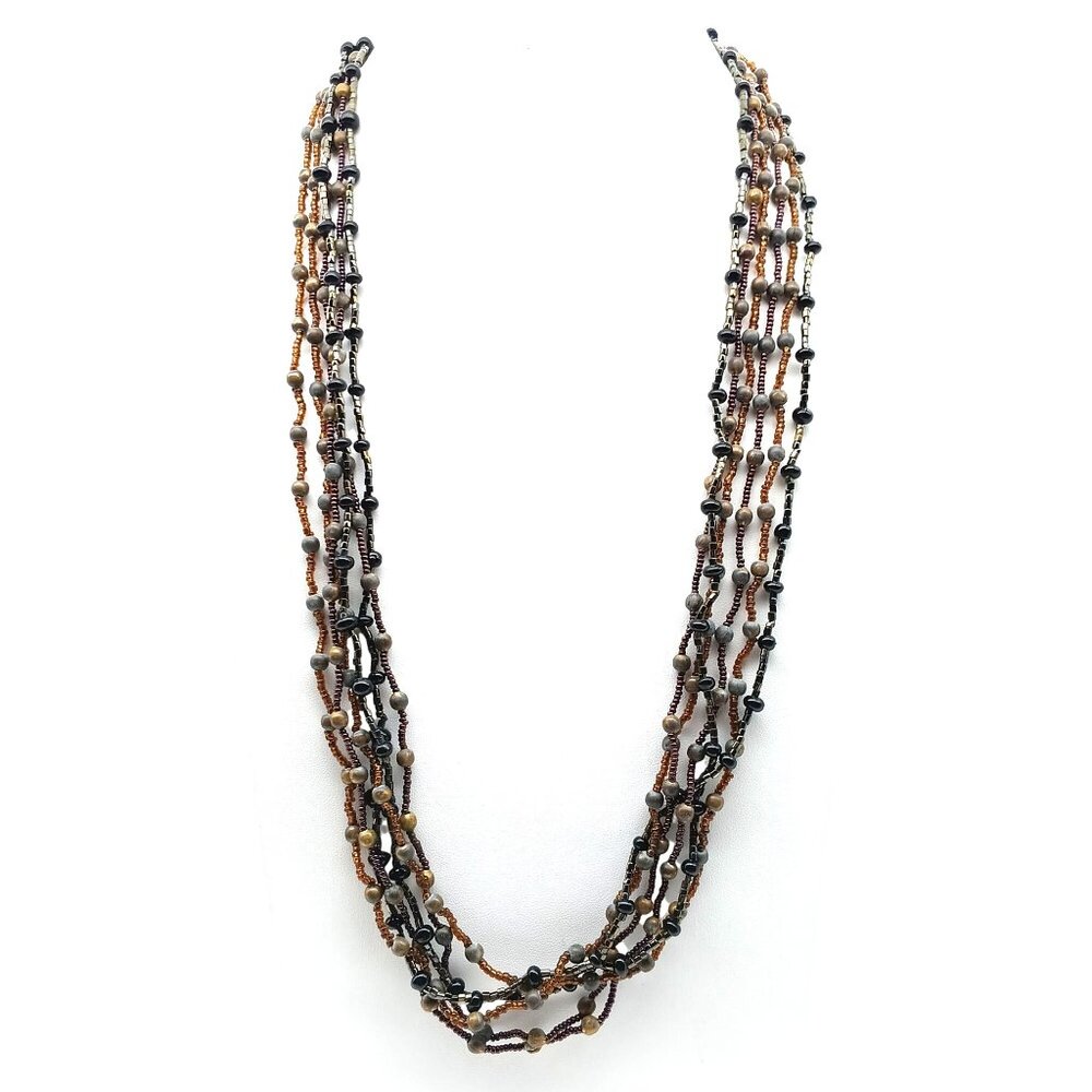 Multi-Strand Beaded Necklace With Earth Tones & Brass Clasp